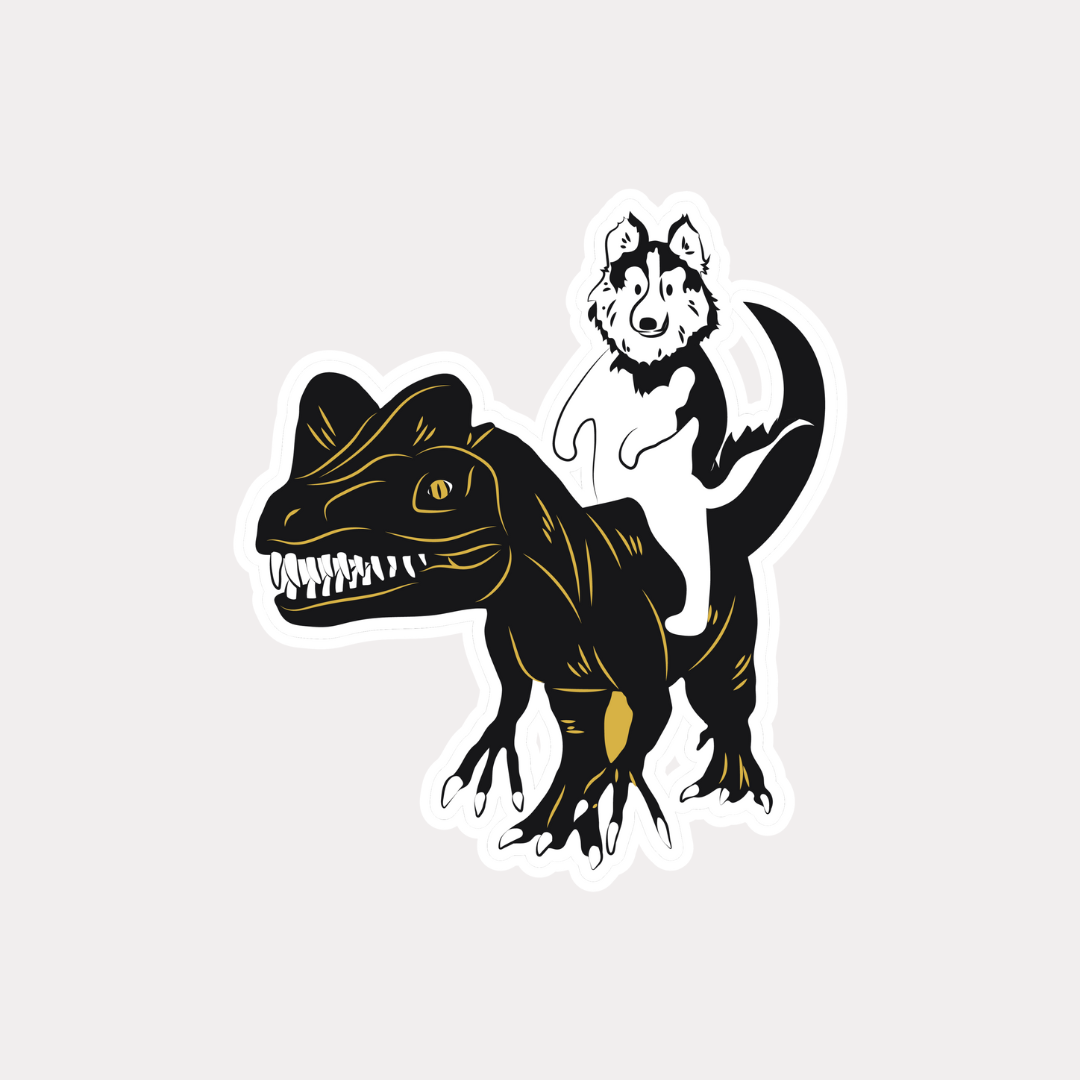 Husky Riding a Dinosaur Sticker