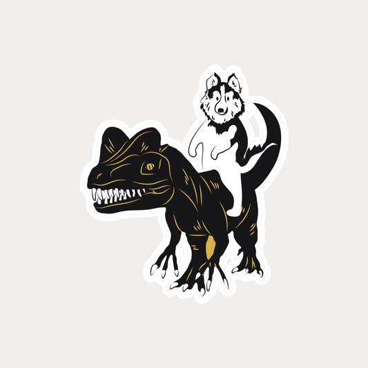 Husky Riding a Dinosaur Sticker