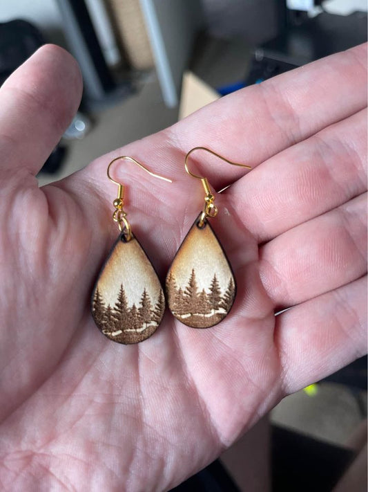 Wooden earrings handmade / engraved earrings / mountain earrings