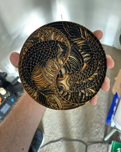 Yin and Yang Koi Wood Art - 3D Laser-Cut Wooden Wall Decor for Home or Office