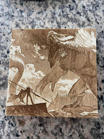 Engraved Fantasy Battle on Wooden Plaque
