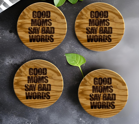 4-pack Olivewood Coasters - 'Good Moms Say Bad Words' | Mother's Day Gift